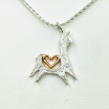 Load image into Gallery viewer, Alpaca or Llama Leaping with Open Heart Pendant - Sterling Silver with 14K Rose Gold Heart Accent
