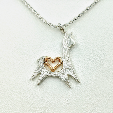Alpaca or Llama Leaping with Open Heart Pendant - Sterling Silver with 14K Rose Gold Heart Accent