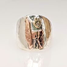 Load image into Gallery viewer, Custom Ring with Silhouette of Showstopper - Tami Lash&#39;s Champion Llama - Sterling Silver band with 14K Rose Gold Llama and 14K Yellow Gold hand with a diamond accent .in the 14K Yellow Gold hand 