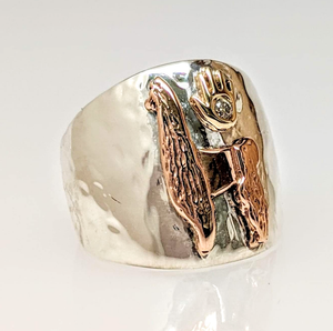 Custom Ring with Silhouette of Showstopper - Tami Lash's Champion Llama - Sterling Silver band with 14K Rose Gold Llama and 14K Yellow Gold hand with a diamond accent .in the 14K Yellow Gold hand 