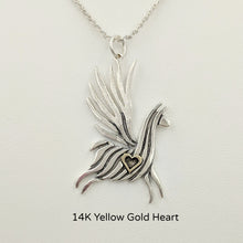 Load image into Gallery viewer, Alpaca or Llama Winged Soaring Spirit with Heart Pendant Sterling Silver animal with 14K Yellow Gold heart accent  smooth finish