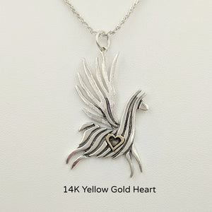 Alpaca or Llama Winged Soaring Spirit with Heart Pendant Sterling Silver animal with 14K Yellow Gold heart accent  smooth finish